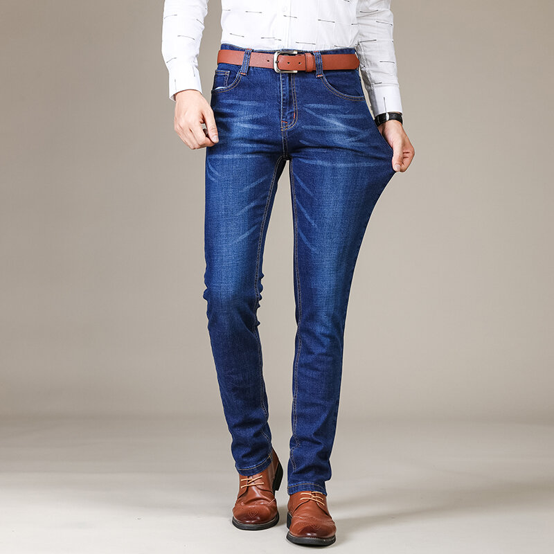 Biznesowe męskie jeansy na co dzień proste rozciągliwe modne klasyczny niebieski czarne robocze spodnie jeansowe męskie ubrania marki
