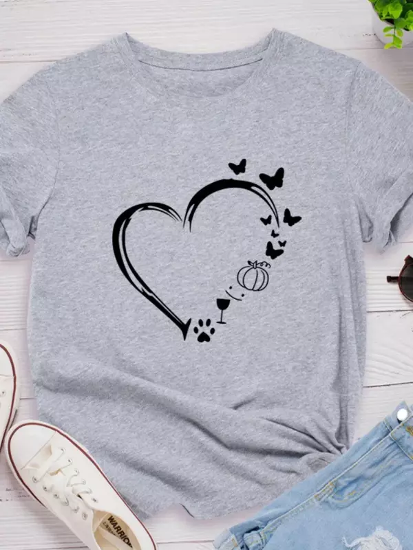 Camiseta con estampado de corazón de mariposas para Mujer, Tops de manga corta con cuello redondo, Camiseta holgada para Mujer, ropa para Mujer