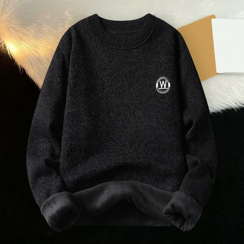 Men Knitting Sweater Men's Autumn Winter Solid Color Sweater with Fleece Lining O-neck Knitwear Thick Long Sleeve for Young