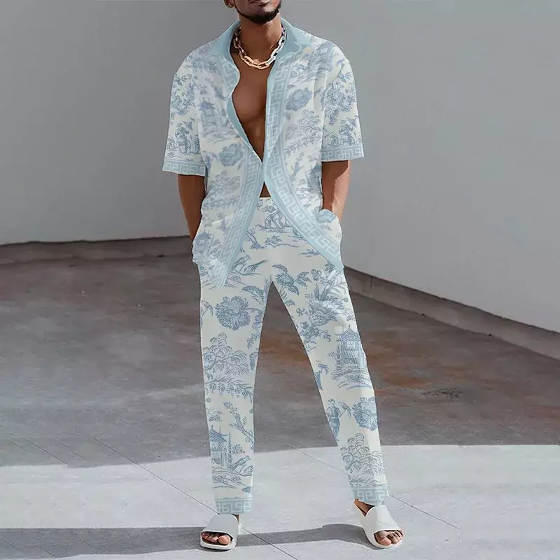 2023 Mode 3D-Druck zweiteilige Set Männer Sommer Kurzarm Revers Shirts Top und Hosen Freizeit anzug Streetwear Herren Outfit