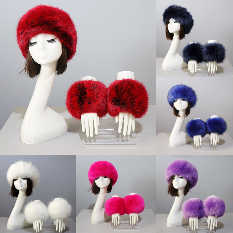 1 Set Women Winter Faux Fox Fur Headband Hat Cuffs Warmth Female Wrist Sleeve Gloves Fur Cap Cashmere Overcoats Accessories
