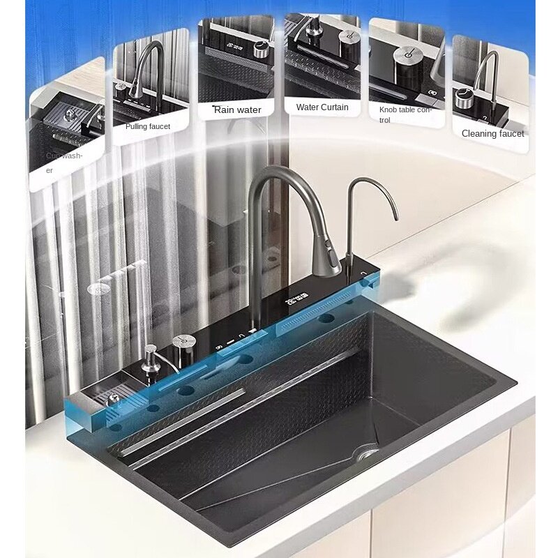 Aço inoxidável Cachoeira Kitchen Sink, slot único grande, integrado Digital Display Faucet Set, saboneteira, lavadora de copos, 304