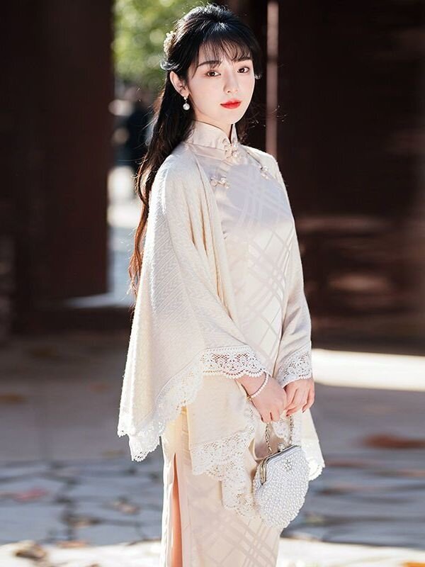 Women's Retro Style Lace Shawl Chinese Cheongsam Accessories High End White Color Decorative Scarves Shawl Accessories