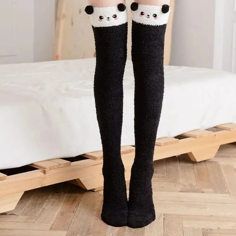 Soft Coral Fleece Knee Socks Winter Warm Girls Women Cute Cartoon Animal Stockings Striped Cozy Long Thigh High Socks