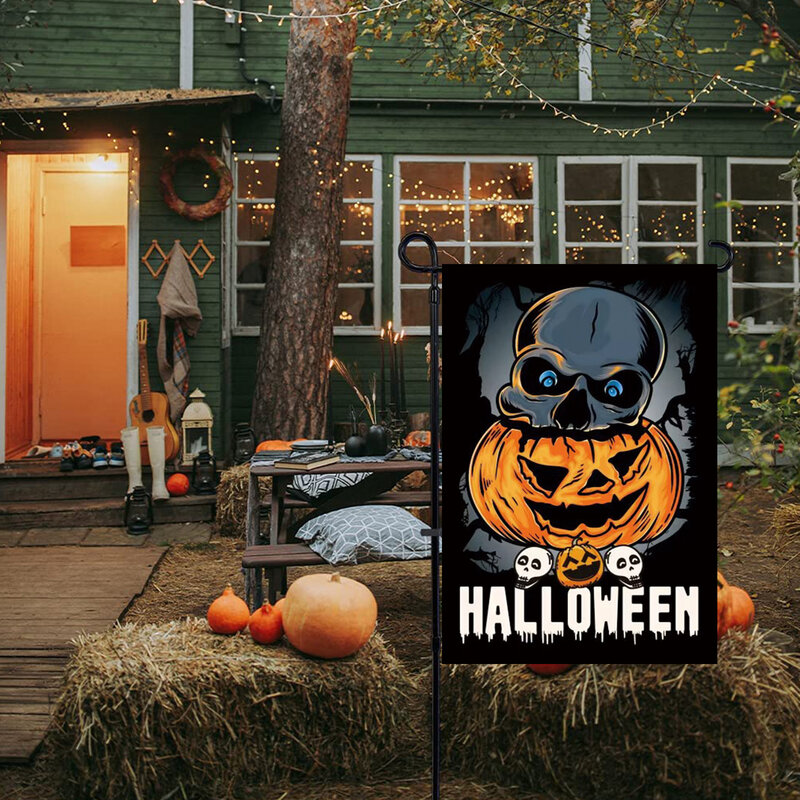 Crânio e abóbora bandeira padrão, halloween dupla face bandeira impressa, bandeira do jardim, decoração do quintal, sem mastro, 1pc