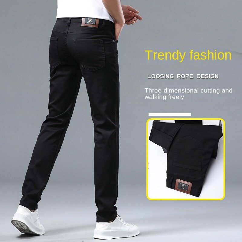 Czarne cienkie dżinsy męskie letnie rozciągliwe miękkie, oddychające i proste, dopasowane do siebie 2024, nowe, niedrogie, luksusowe spodnie męskie