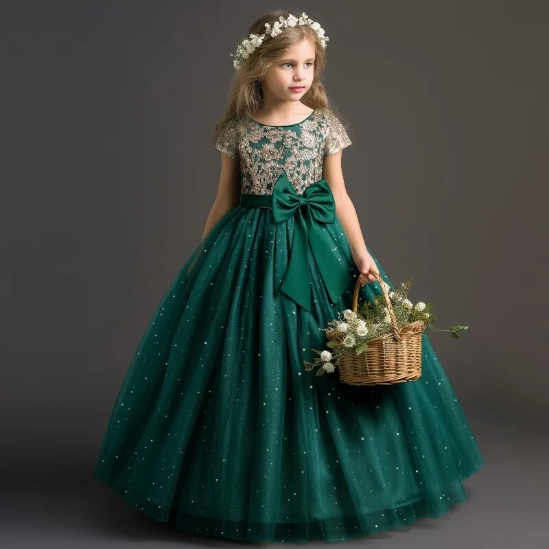Elegante vestido floral para meninas, com decote em O, renda, cinto, vestido de aniversário, vestido de baile, tule, vestido formal para casamento, 2024