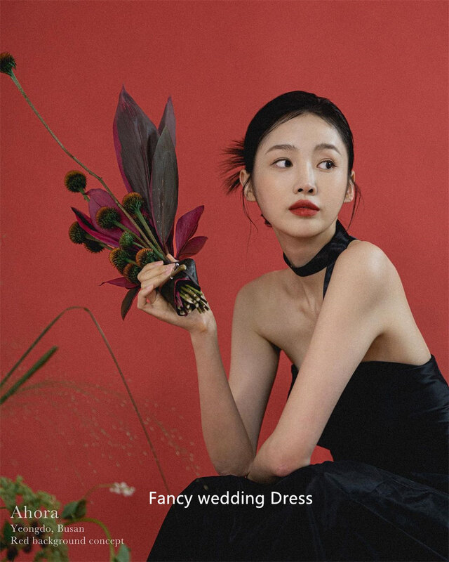Fancy Simple Black Strapless Wedding Dress Korea Photoshoot A Line Sleeveless Bridal Gown Taffeta Taking ID photos Dresses