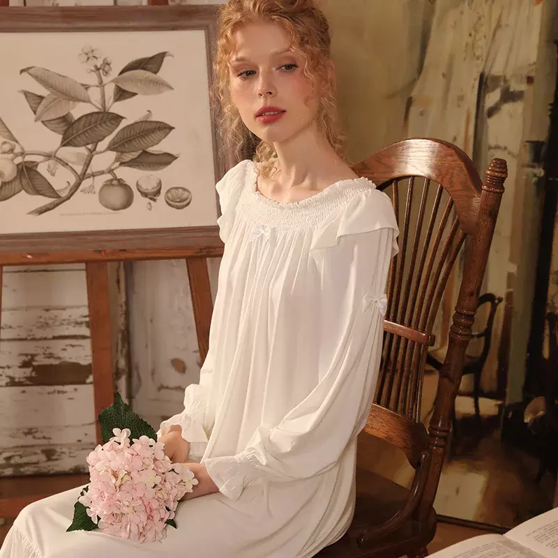 Koszula nocna w stylu Vintage słodka damska wiosenna jesień na co dzień pełna koszula nocna biały szlafrok długa sukienka księżniczka bielizna nocna