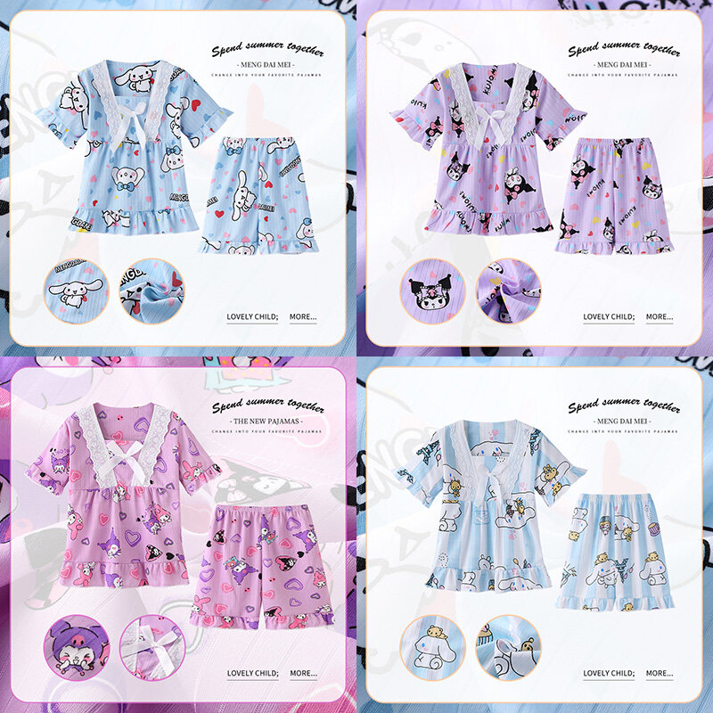 Ropa de dormir de princesa Kawaii para niños, conjuntos de Pijamas de Anime Cinnamoroll Kuromi My Melody, ropa de casa para niñas, verano 2024