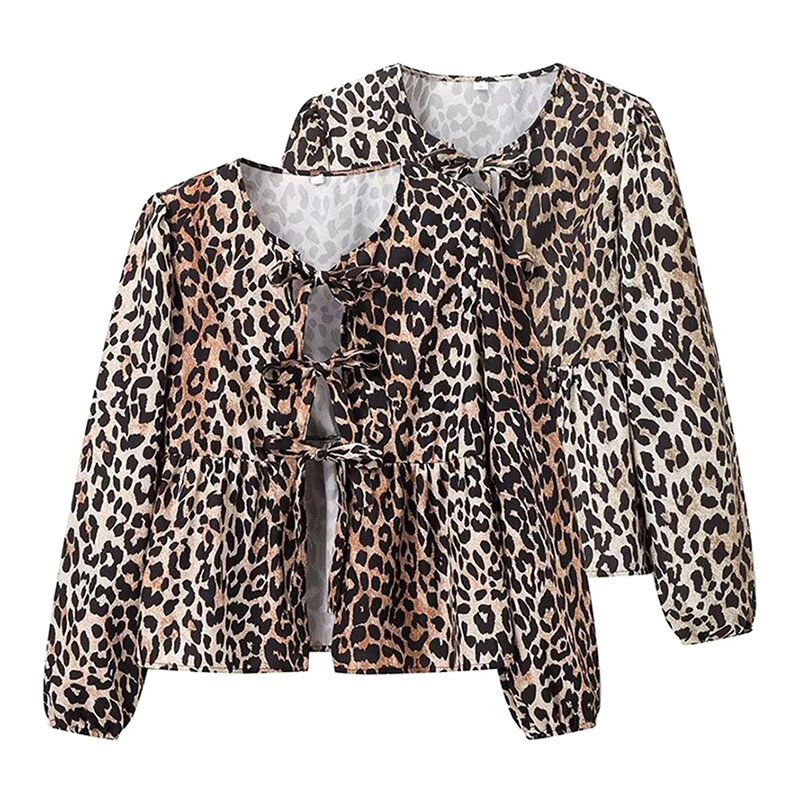 Bow Lace Up Shirts For Women Blouse Casual Leopard Print Tops Long Sleeve O Neck Spring Summer Streetwear Lady Casual Tops