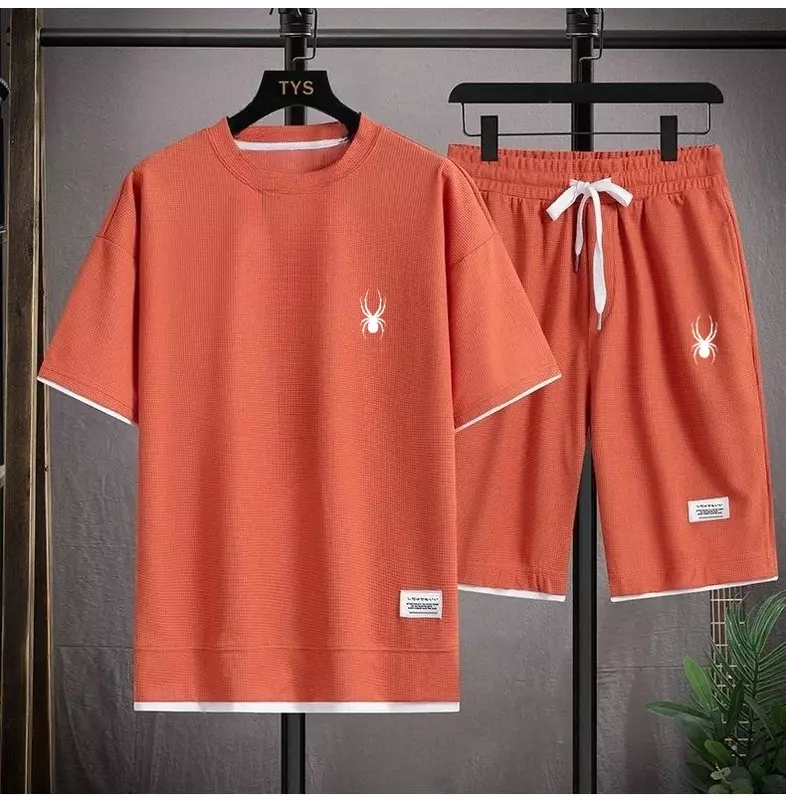 Новинка лета 2024, мужской комплект из вафельной ткани, модная спортивная одежда в Корейском стиле, Мужская футболка с коротким рукавом + спортивные шорты