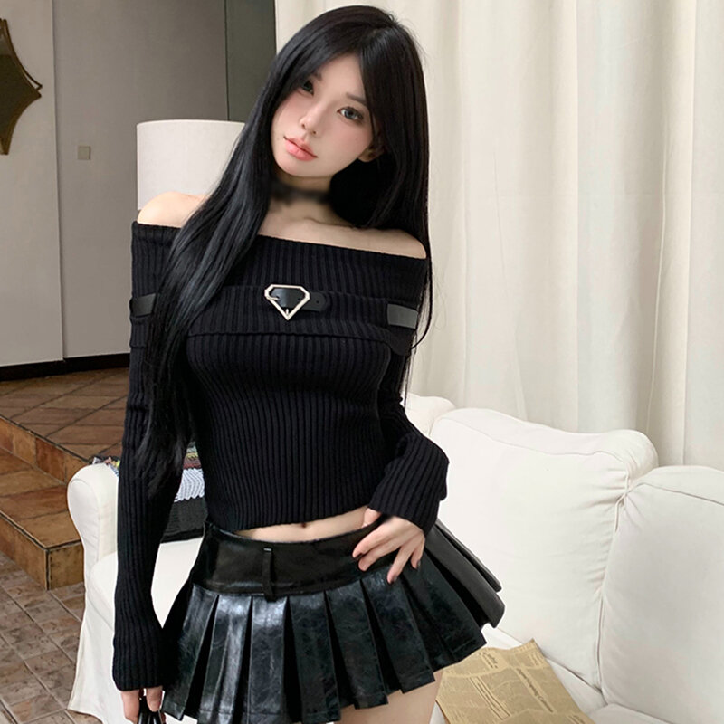 Spring Autumn Women's Top Solid Color Off Shoulder Belt Decoration Fashion Temperament Knitted Long Sleeves Top