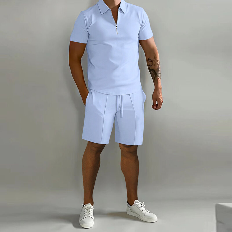 Мужской спортивный костюм из 2 предметов, тонкая рубашка-поло с коротким рукавом и спортивные шорты, однотонный Повседневный Спортивный костюм для бега, на лето
