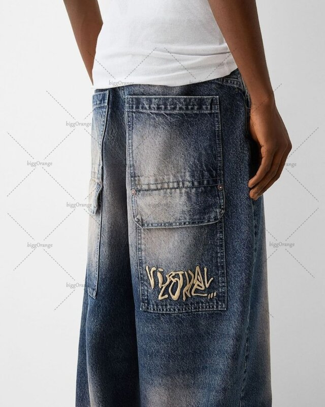 Y2k กางเกงยีนส์ทรงโอเวอร์ไซส์กางเกงขาทรงกระบอกผู้ชาย, กางเกงยีนส์ทรงโอเวอร์ไซส์พิมพ์ลายอเมริกันมีกระเป๋าขนาดใหญ่แนวสตรีทสุดอินเทรนด์กางเกงขาม้าผู้หญิง