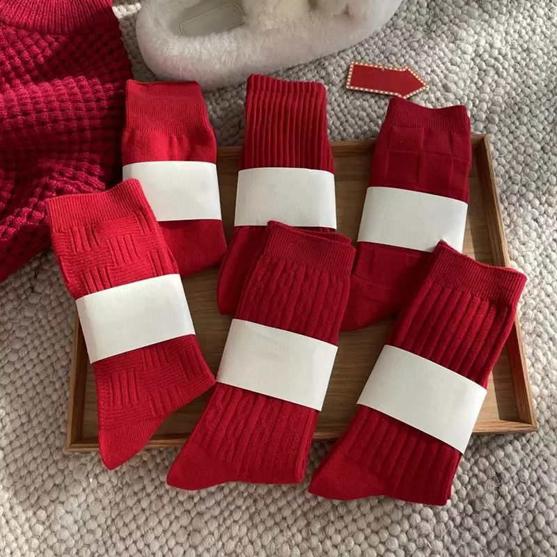 New Year's Socks For Women Winter Casual Red Casual Warm Socks Female Breathable Solid Color Fashion Crew Socks Simple