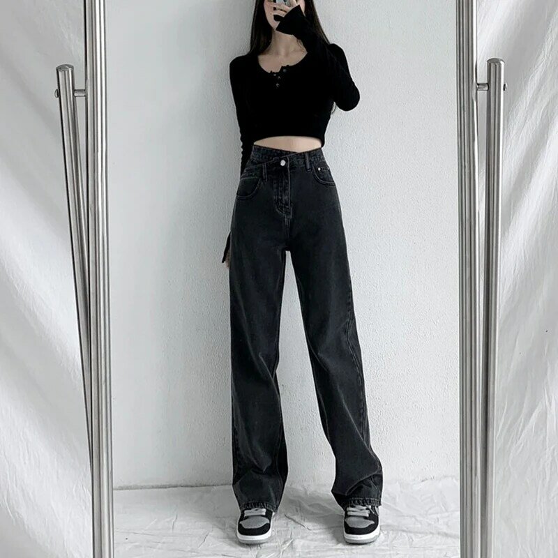 Джинсы женские широкие с завышенной талией, модные мешковатые винтажные повседневные нестандартные прямые брюки в Корейском стиле, уличная одежда, весна-осень