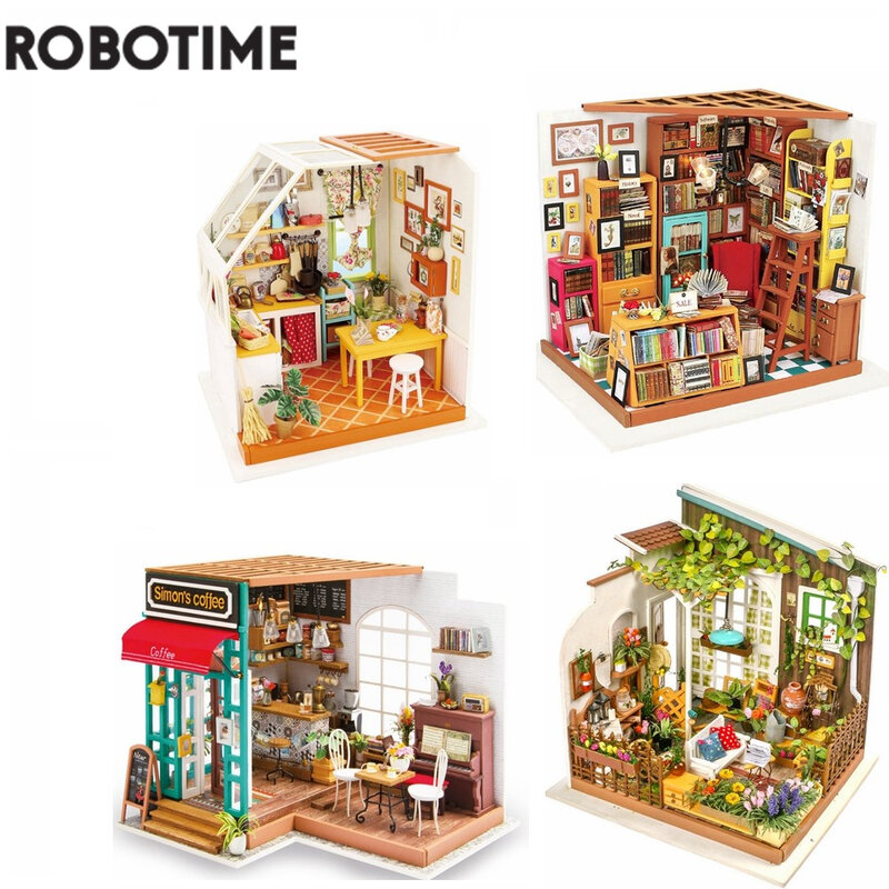 Robotime DIY House With Furniture Study Room Simons กาแฟเด็กผู้ใหญ่บ้านตุ๊กตาตุ๊กตาตุ๊กตาไม้ชุดของเล่น