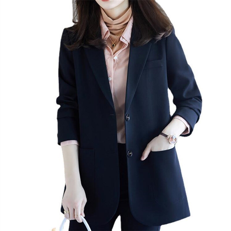 Blazer feminino solto de peito único com bolsos, terno de escritório feminino, tops femininos, coreano, chique, casacos elegantes, primavera, 2023