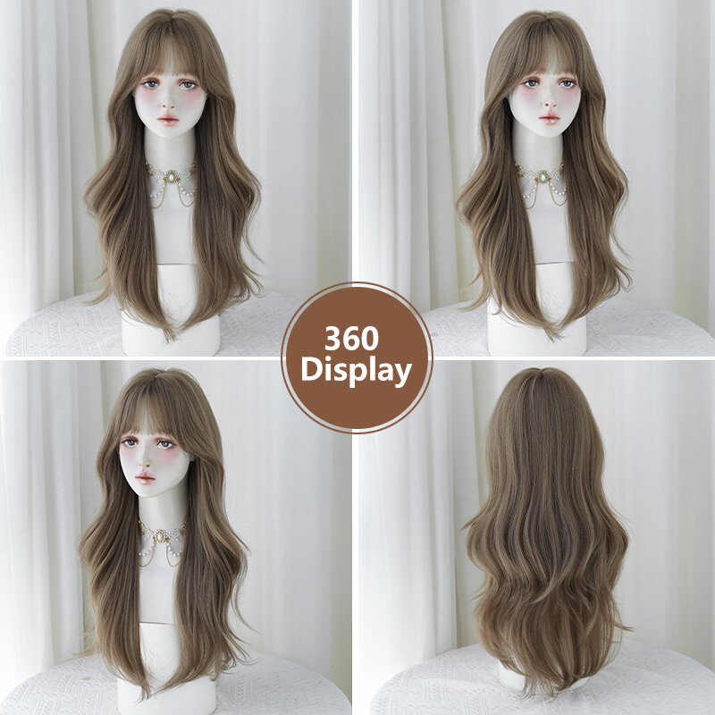 7JHH WIGS Lolita Wig Synthetic Body Wavy Honey Blonde Wig for Women High Density Loose Layered Curly Hair Wigs with Fluffy Bangs
