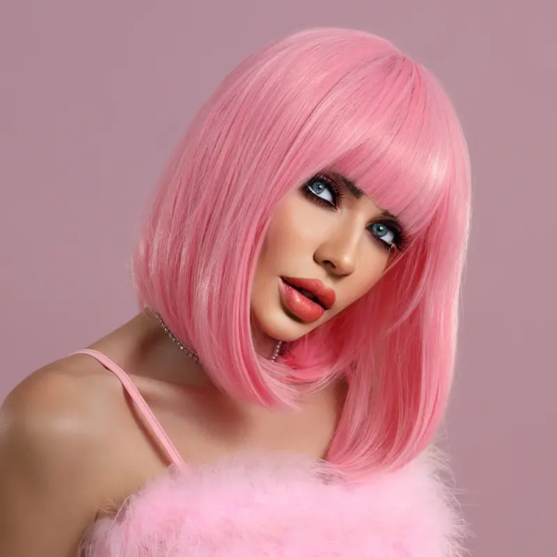 Natural Synthetic Bob Wig Short Straight Wig Pink Wig for Woman Daily Party Cosplay Lolita Wigs with Bangs Heat Resistant Fiber