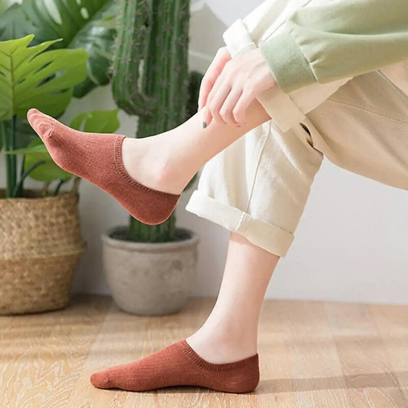 Slip-resistant Boat Shoe Socks Women's Low-cut Anti-skid Cotton Boat Socks with Silicone Elastic Solid Color Soft for Four