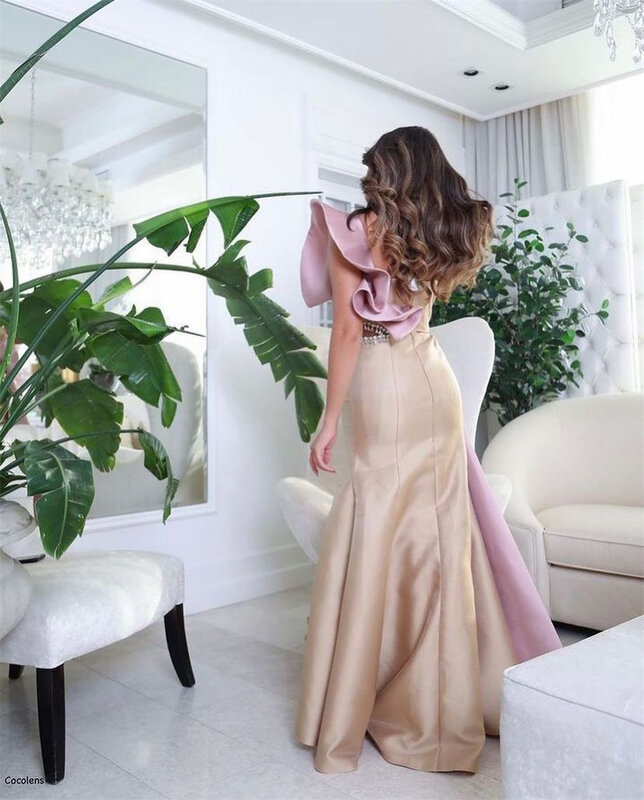 Gaun Prom panjang satu bahu putri duyung elegan mode gaun Quinceanera tanpa lengan gaun malam Formal Satin