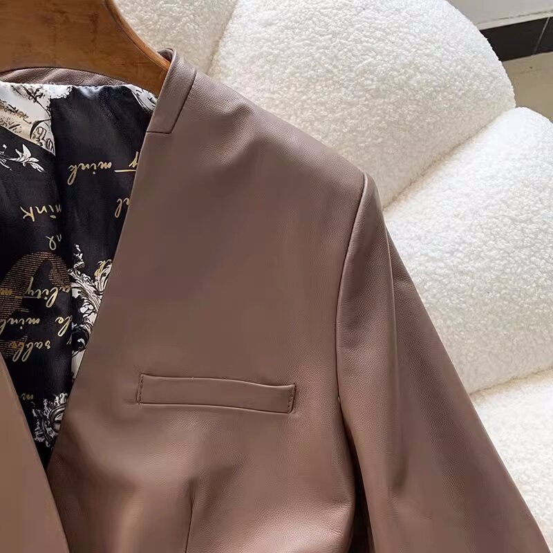 Europejskie 2023 jesienne eleganckie damskie skórzane kurtki z dekoltem w szpic wysokiej jakości płaszcz z paskiem z prawdziwej skóry C435