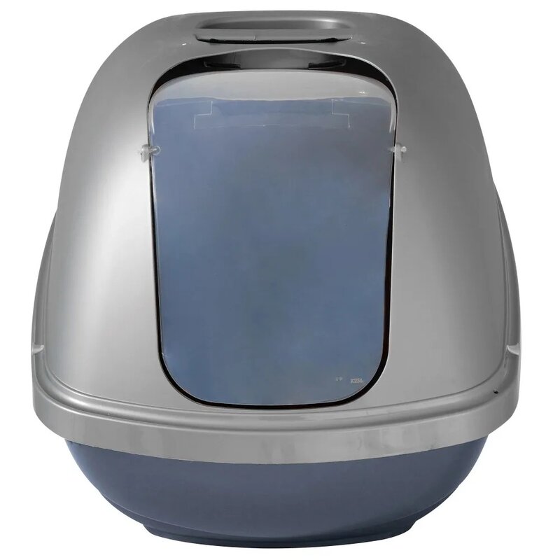 Basic Hooded Enclosed Cat Litter Pan Covered Plastic Box with Door, Large, Blue Silver