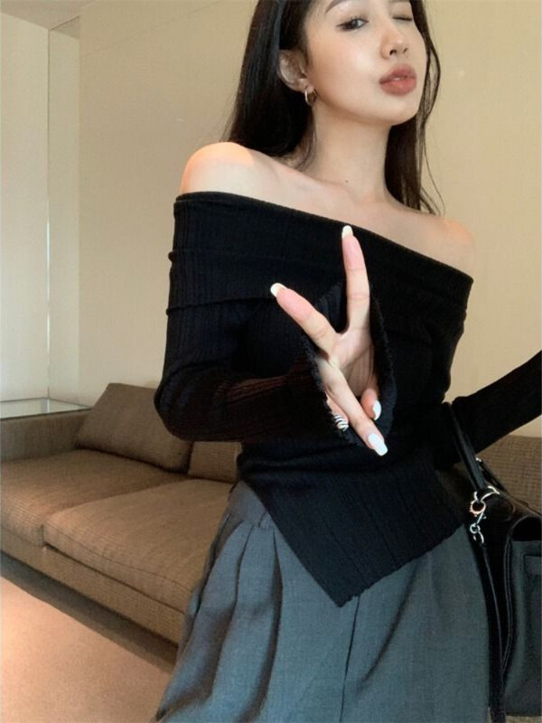 Deeptown Korean Fashion Black Knitted Sweater Women Harajuku Sexy Slim Off Shoulder Jumper Elegant Casual Crop Tops Streetwear