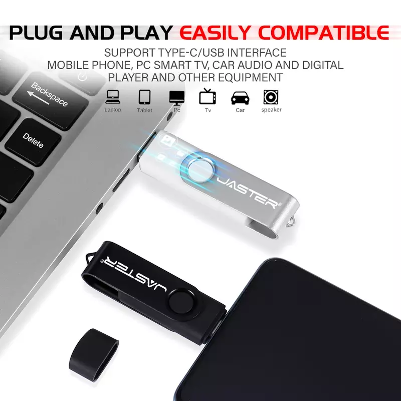 JASTER-Type-C USB Flash Drive para o telefone móvel, roxo caneta rotativa, corrente chave livre, verde, preto Memory Stick, 64GB, 32GB, 16 GB
