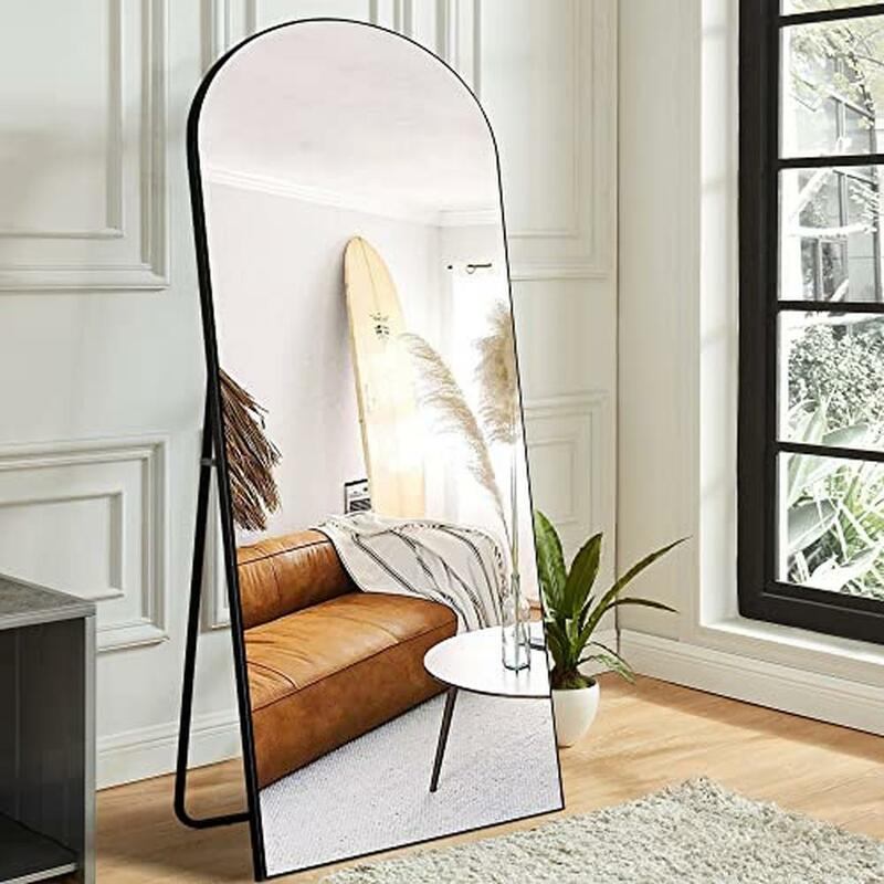 71"x28" Arched Wooden Thin Fram Full Body Mirror with Stand Bedroom Mediterranean Style Explosion-Proof Wall Hanging 