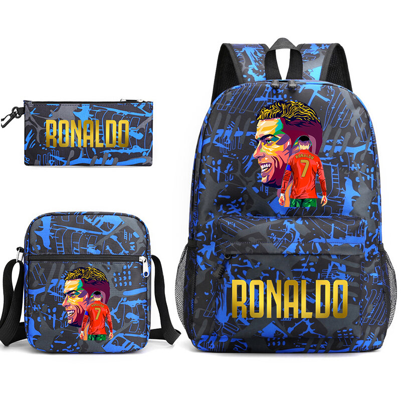 Set di zaini per bambini stampati Ronaldo borsa da scuola per studenti borsa a tracolla astuccio per matite set da 3 pezzi adatto a ragazzi e ragazze