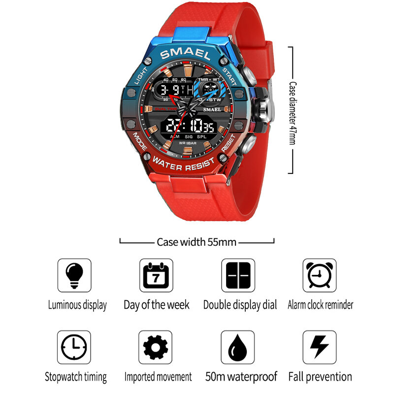 Smael jam tangan olahraga pria, arloji militer Digital Led Stopwatch Alarm 8066 tahan air untuk lelaki