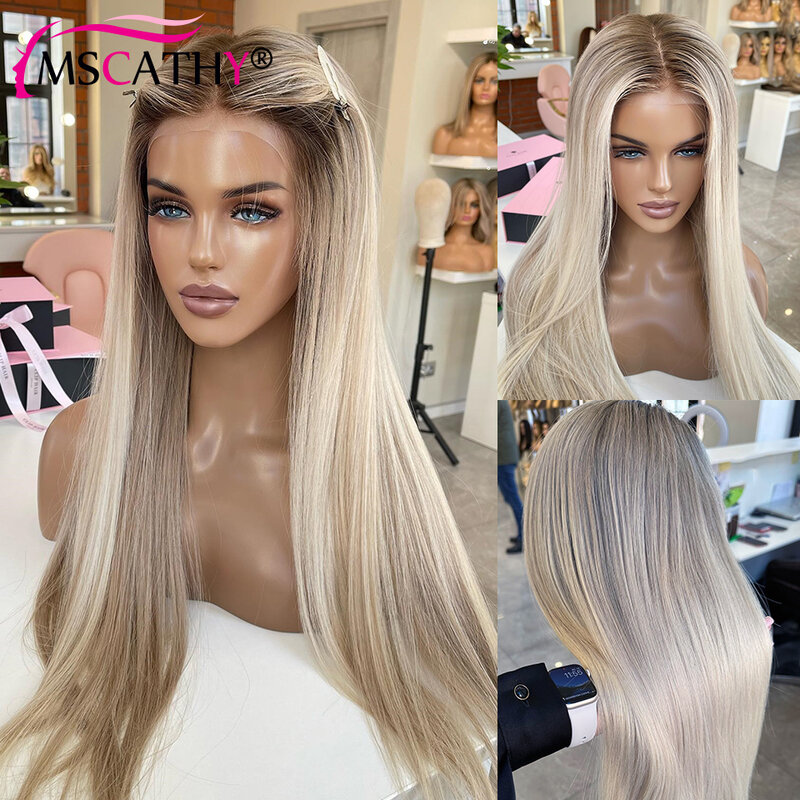 13x4 Ash Blonde Highlight Lace Front Wigs For Women Glueless HD Transparent Lace Frontal Wig Ready To Go Closure Human Hair Wig