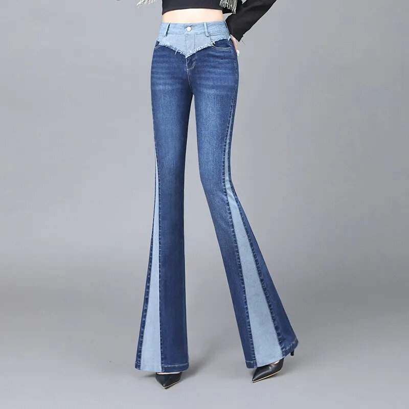 Koboi celana Bell-Bottoms wanita musim gugur 2024 baru warna kontras pinggang tinggi ramping dan celana Denim ramping dan mikro gantung tinggi