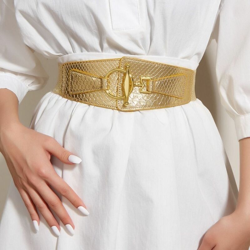 Cinturón lateral ancho elástico de Metal, cinturón con hebilla de color dorado y poliéster, decoración de vestido de moda, cuero PU