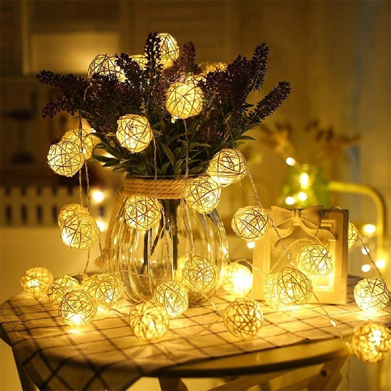 Lampu LED bola rotan melingkar tali, dekorasi dalam ruangan ulang tahun suasana taman halaman lampu dekorasi rumah
