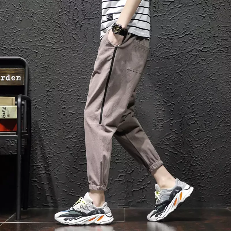 Pantalones informales de lino para hombre, pantalón largo con cordón elástico, básico, Color sólido, estilo coreano