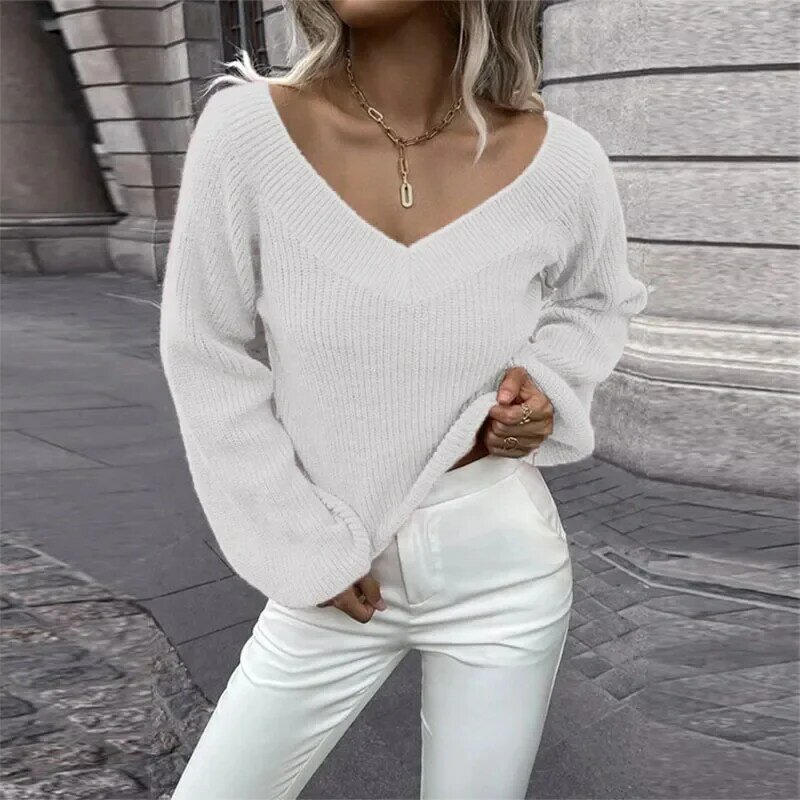 2024 New Autumn Winter Women Solid Color Versatile V-neck Long Sleeve Knitted Sweater Women Casual Loose Pullover Sweater