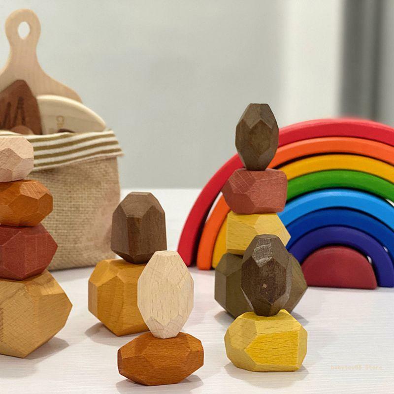 Y4UD 15 قطعة من لعبة التراص الحجرية الخشبية الملونة للأطفال، مكعبات بناء للأطفال للألعاب التعليمية الإبداعية