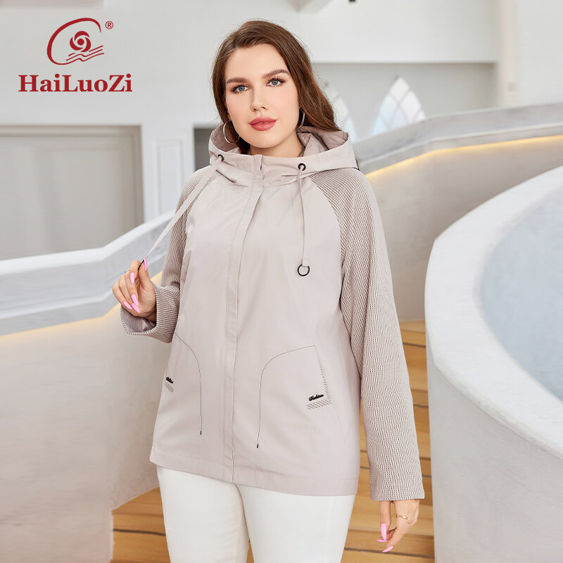HaiLuoZi 2023 New Autumn Women Trench Coat Plus Size Solid Color Short Spliced Hooded Jacket Slant Pocket Female Outwear 729