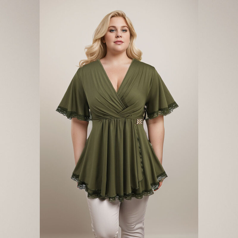 ROSEGAL-Camiseta fruncida con hebilla de encaje para mujer, ropa asimétrica con volantes verdes, Tops informales con cuello en V, talla grande