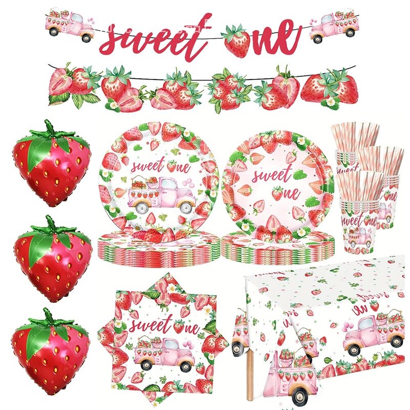 Sweet one Strawberry Party plates cups napkins Tablecloths Banner kids girls Strawberry balloon birthday party decor Baby Shower