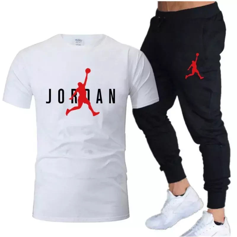 Setelan baju olahraga pria Musim Panas 2024 kaus lengan pendek + celana panjang 2 potong set pakaian olahraga kebugaran Jogging celana olahraga pakaian olahraga