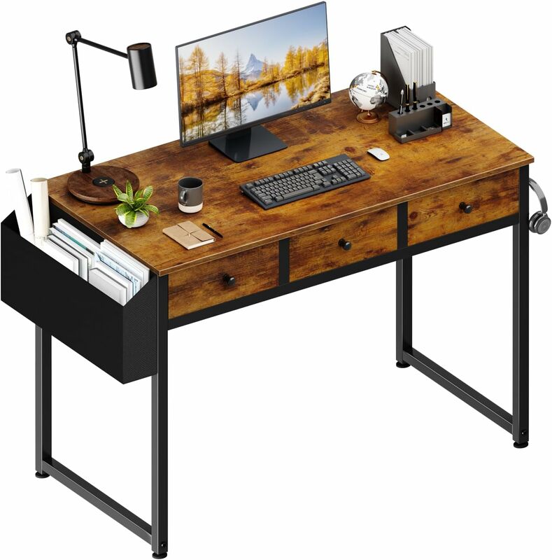 Lufeiya 40 Zoll Schreibtisch mit Schubladen für Schlafzimmer-39 Zoll Home Office Schreibtische mit 3 Stoff Schublade und Tasche, Studie schreiben