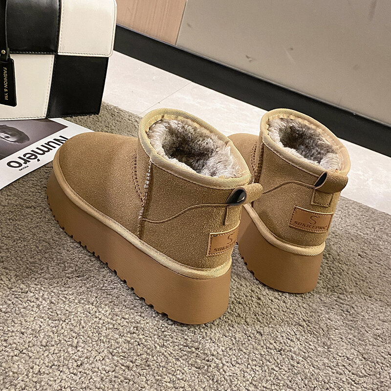 Зимние женские короткие плюшевые теплые ботинки для снега, повседневная обувь, новинка 2022, замшевые меховые ботильоны челси, женская обувь на платформе
