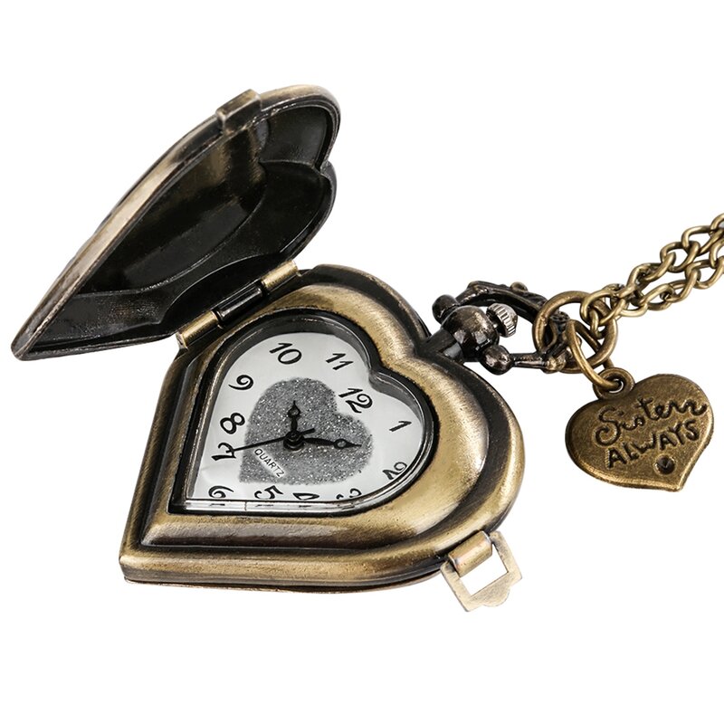 Old Fashioned Bronze Love Heart-shaped Quartz Pocket Watches Pendant Clock with 80cm Necklace Chain with Heart Accessory