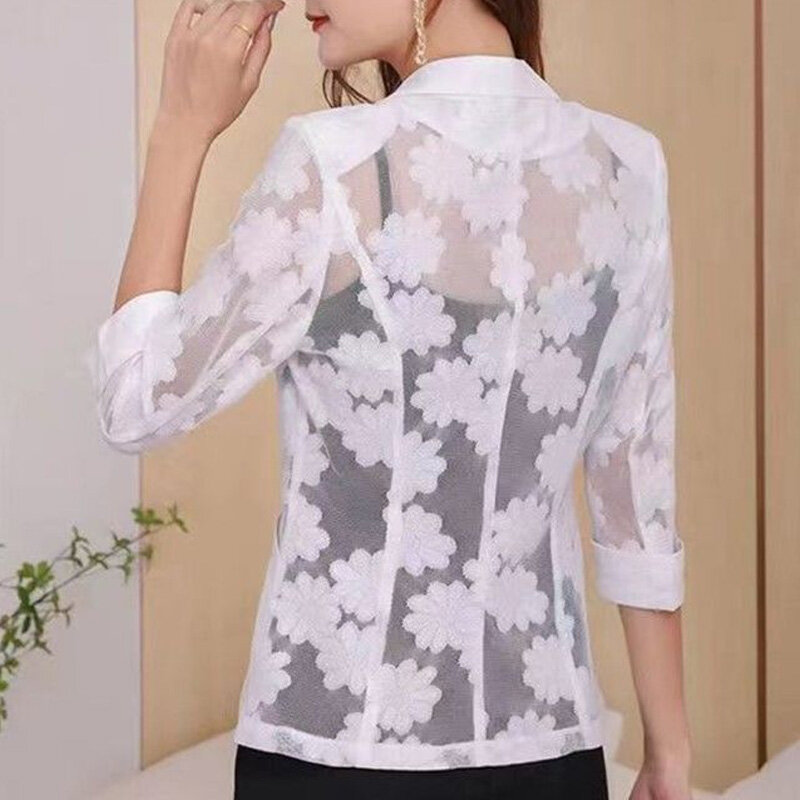 2024 New Summer Elegance Commuting High End Polo Collar Hollow Lace Jacquard Simple Solid Color Three Quarter Suit Coat