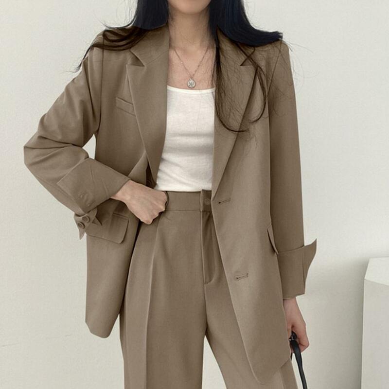 Solid Color Stylish Women's Spring Autumn Lapel with Flap Pockets Solid Color Loose Fit Casual Workwear Jacket for Office